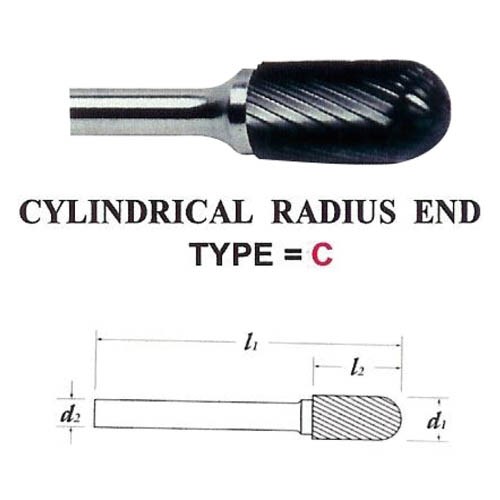 CARBIDE BURS, CYLINDRICAL RADIUS END TYPE, 6MM SHANK  