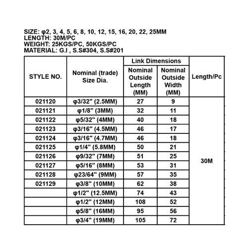 LONG LINK STEEL CHAIN (GALVANIZED OR POLISHED)