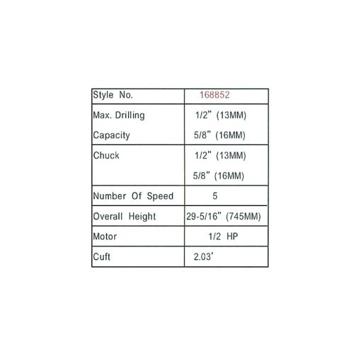 168852     DRILL PRESS, CAP.: 1/2" (13MM/16MM), CHUCK: 1/2" (13MM/16MM)
