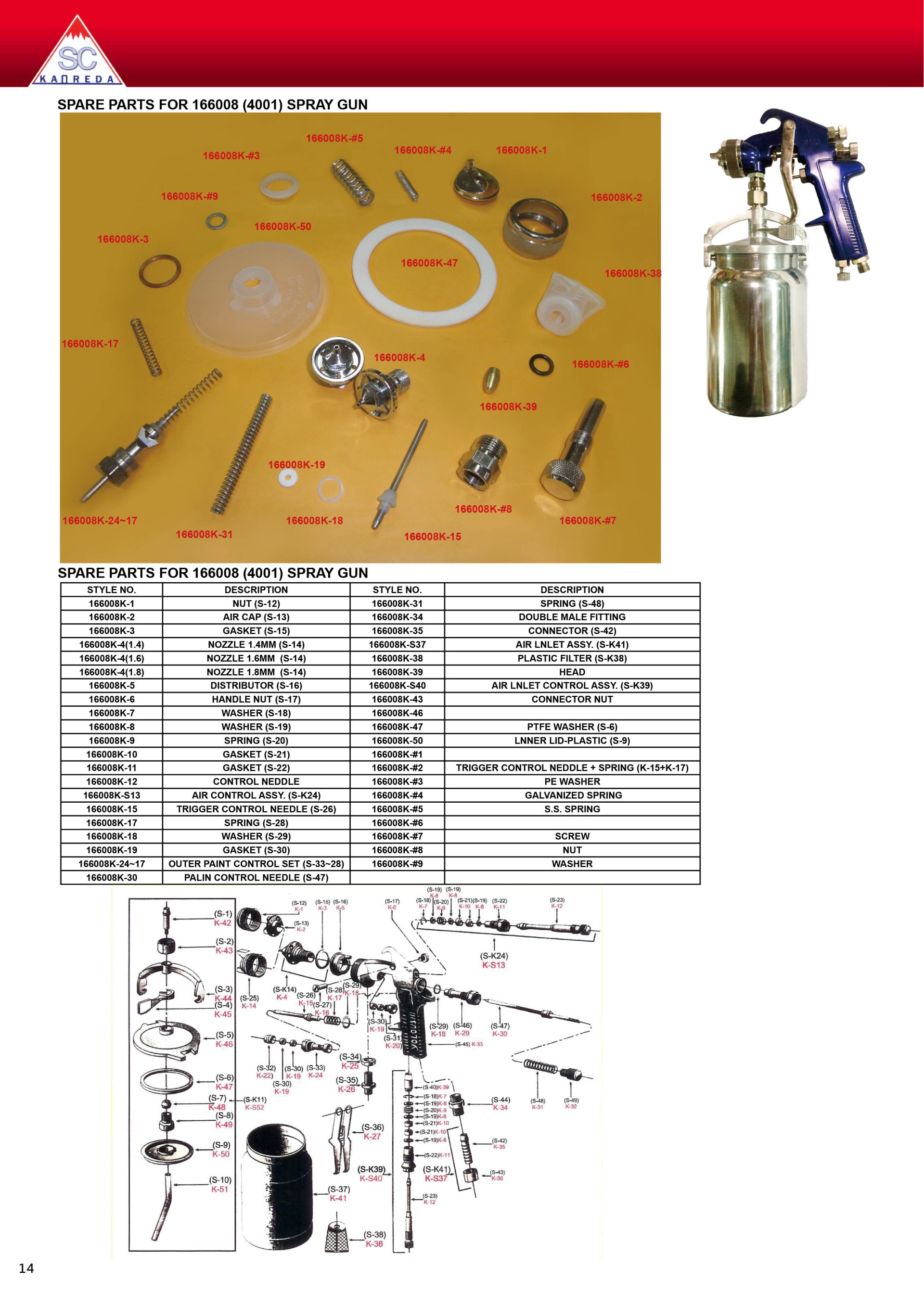 SPARE PARTS FOR 166008 (4001) SPRAY GUN