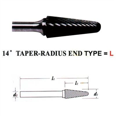 CARBIDE BURS, 14° TAPER-RADIUS END TYPE, 6MM SHANK  